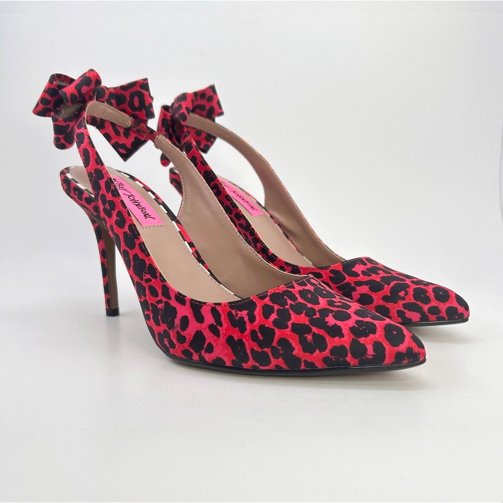 Betsey Johnson Remy Heels 7 Red Leopard Bow Pointed Toe Slingback Pumps Coquette